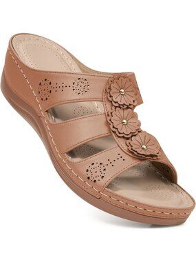 Women's Brown Summer Comfortable Walking Platform Slide Sandals Casual Dressy